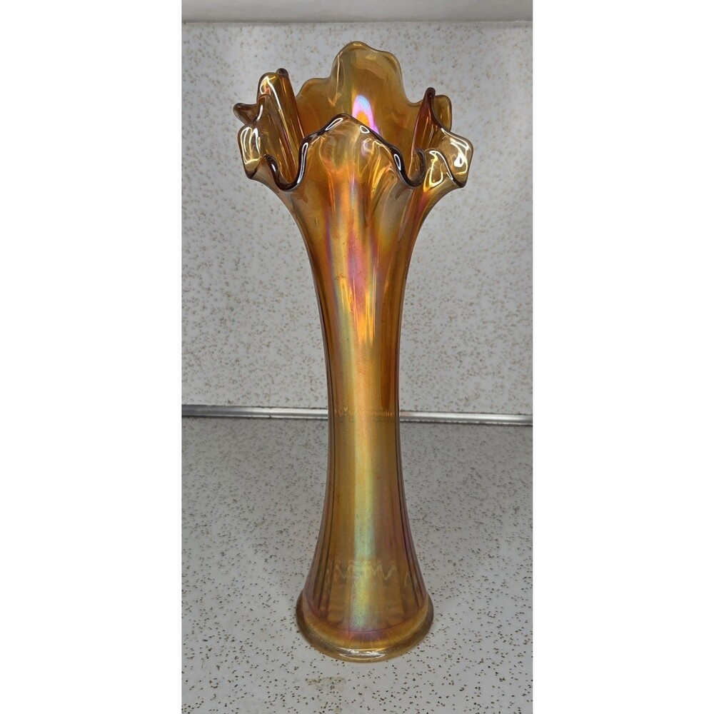 Vtg Imperial 12.5” Marigold Carnival Glass Swung Freefold Pattern Vase